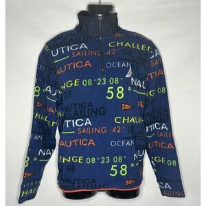 NAUTICA BLUE WATER NAUTEX SPELLOUT FLEECE JACKET BLUE ORANGE MENS Sz Small